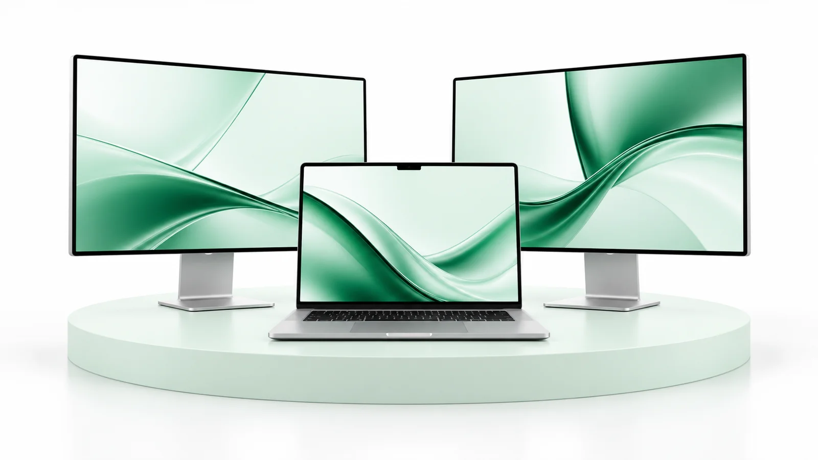 MacBook Air M5: два внешних монитора и открытый ноутбук
